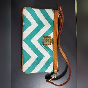Dooney & Bourke large slim wristlet, teal and white leather chevron pattern.